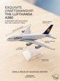 Lufthansa A380 model airplane on a wooden surface with text highlighting features.