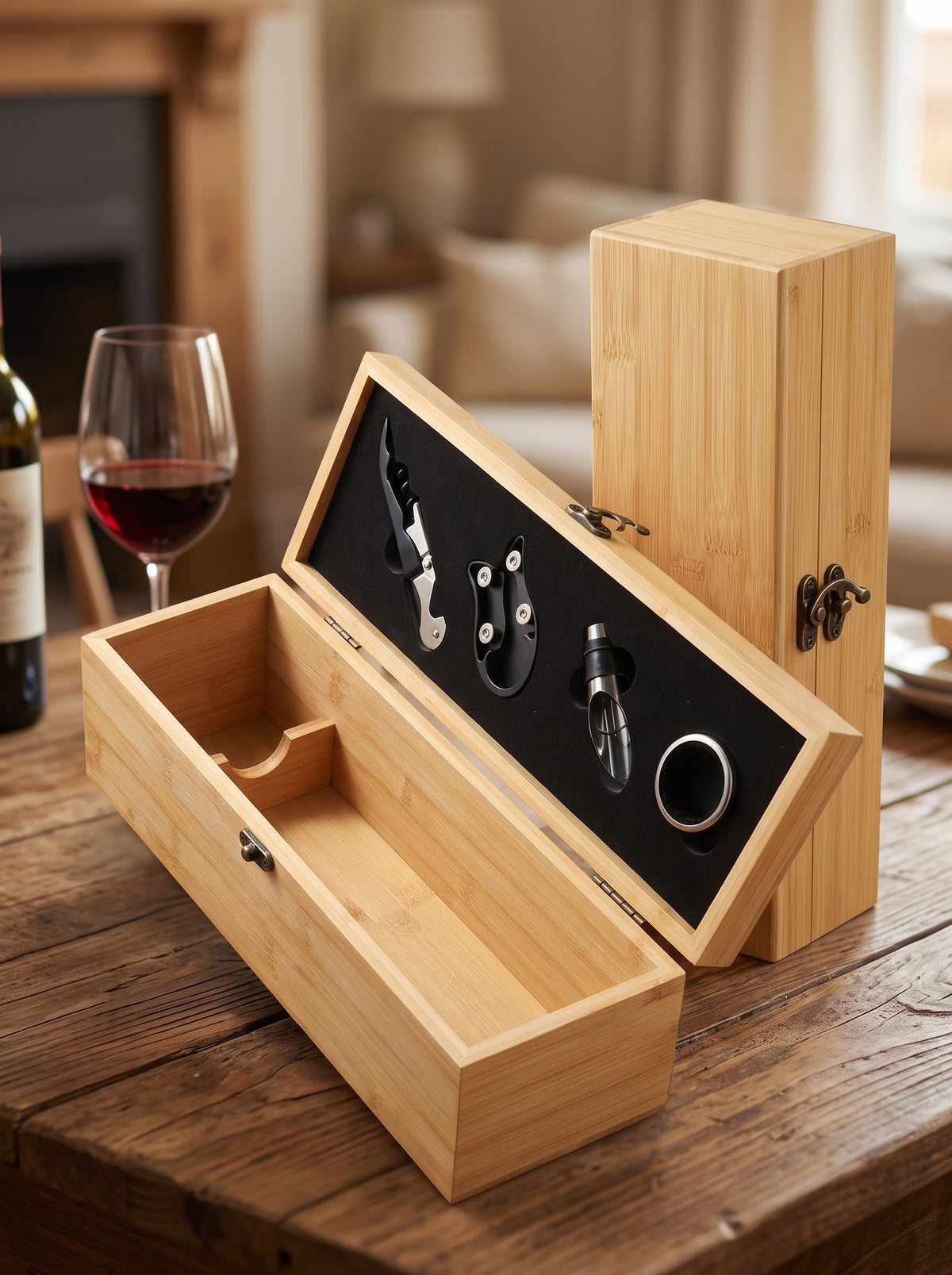 Bamboo single bottle wine gift box with sommelier accessories set