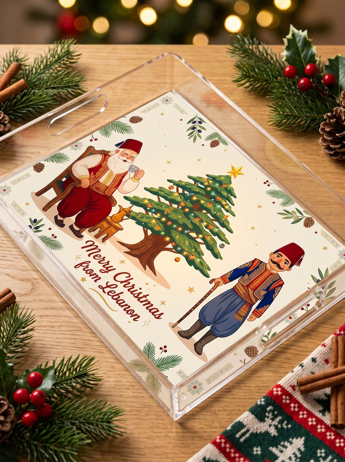 Merry Christmas from Lebanon Acrylic Serving Tray with Folkloric Santa