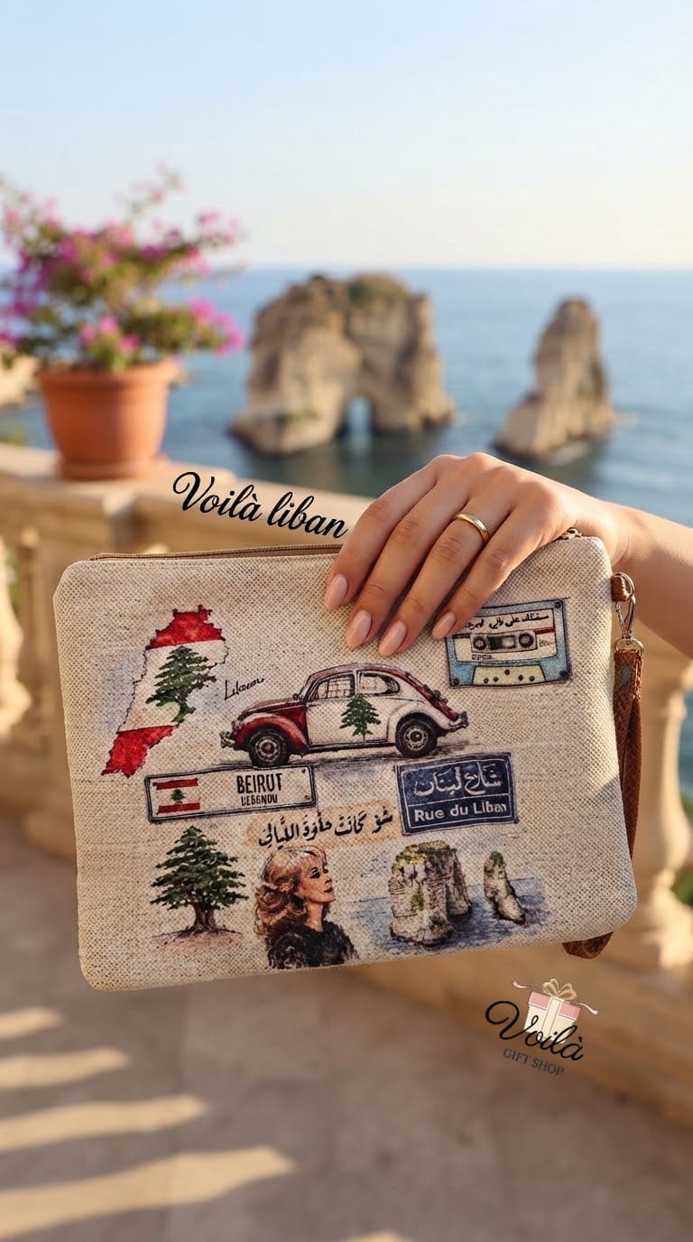 Nostalgic Lebanese heritage canvas pouch featuring Fairuz and Beirut landmarks