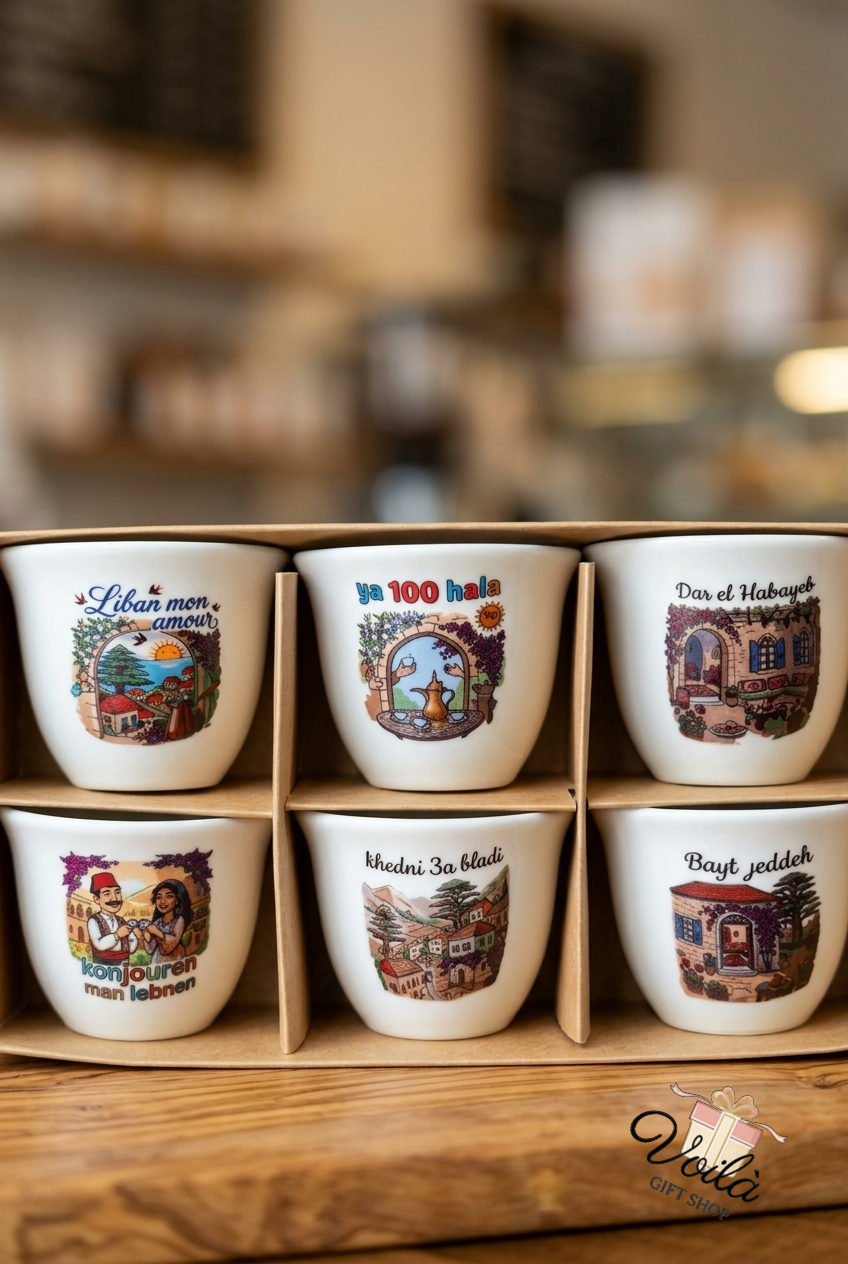 Set of six traditional Lebanese coffee cups with nostalgic illustrations and phrases