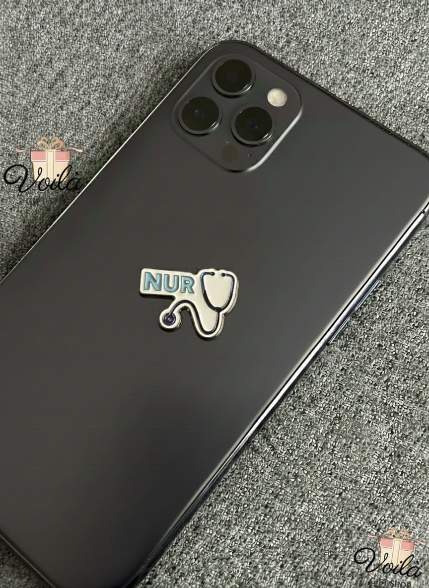 Phone case with 'NUR' and stethoscope design on a textured surface