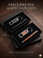 Executive pen and keychain sets in sleek matte black and classic tan leatherette on a wooden surface.