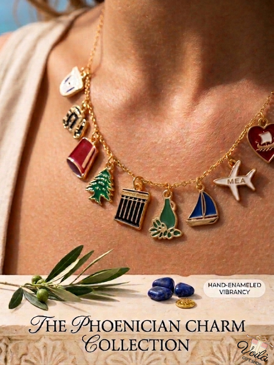 The Phoenician Charm Necklace featuring Lebanese heritage hand-enameled charms