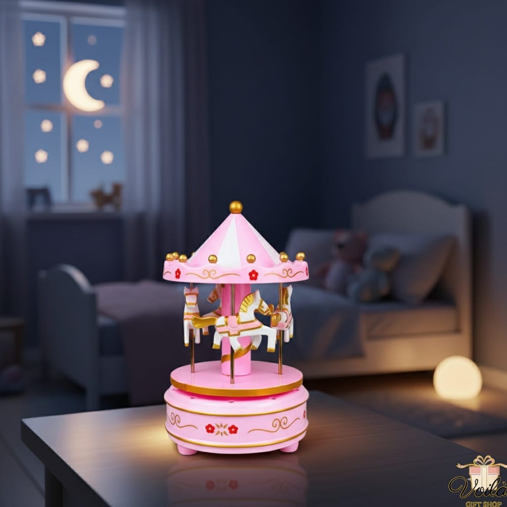 Pink carousel lamp on a table with a cozy living room background