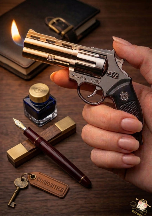 Hand holding a small revolver with inkwell, pen, and key on a wooden surface