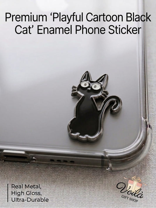 Premium playful cartoon black cat enamel phone sticker on a clear phone case