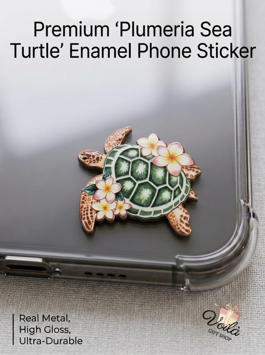 Premium Plumeria Sea Turtle Enamel Phone Sticker on a clear phone case