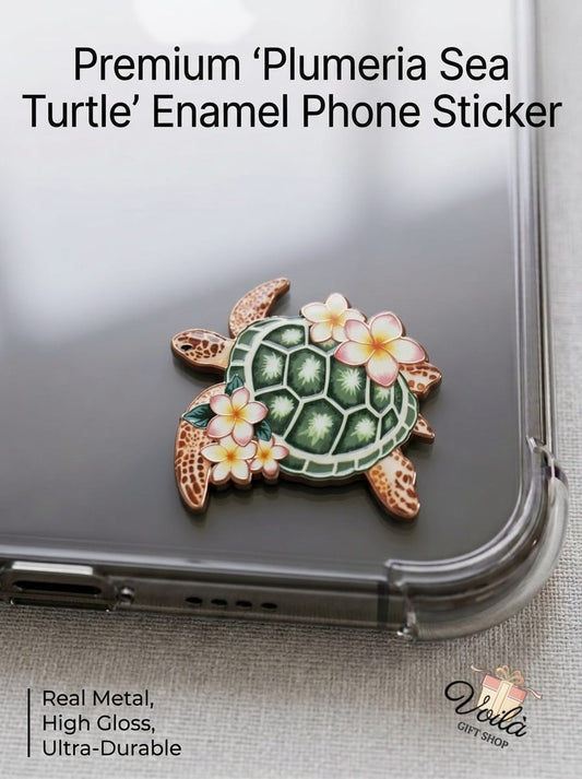 Premium Plumeria Sea Turtle Enamel Phone Sticker on a clear phone case
