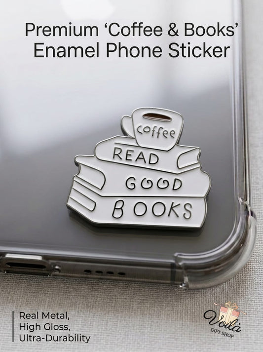 Premium Coffee and Books Enamel Phone Sticker on a Clear Phone Case