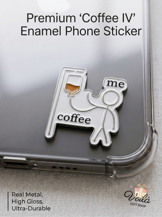 Premium Coffee IV Enamel Phone Sticker on a Clear Phone Case