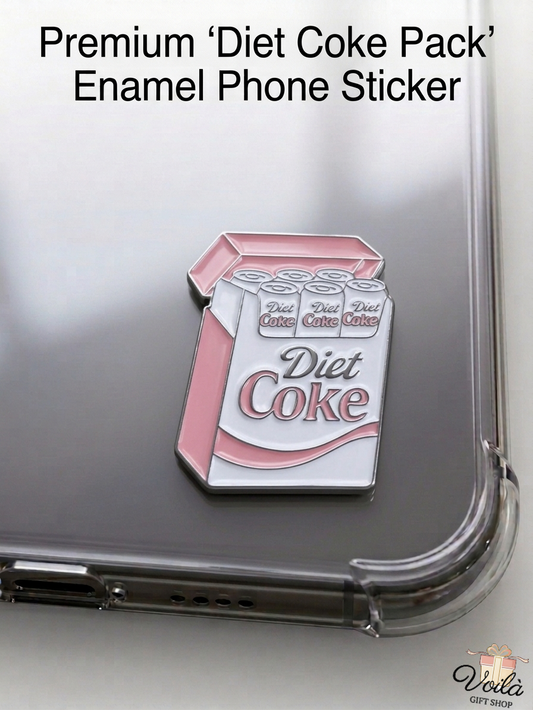 Premium pink Diet Coke enamel phone sticker on a clear phone case