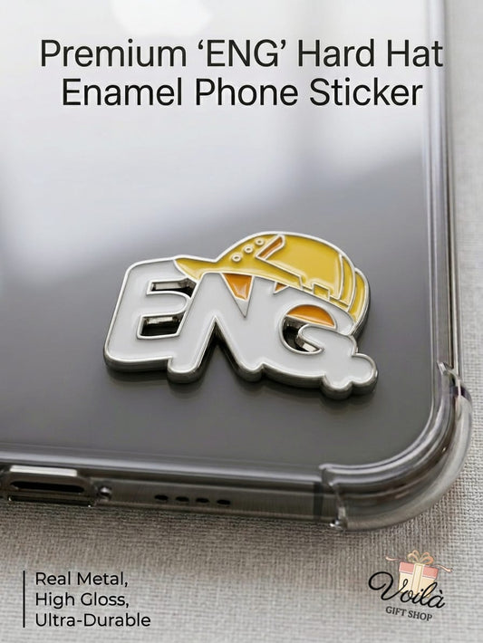Premium ENG Engineer Hard Hat Enamel Phone Sticker on a clear phone case