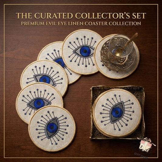 Premium embroidered evil eye linen coaster set with gold holder and traditional tea glass