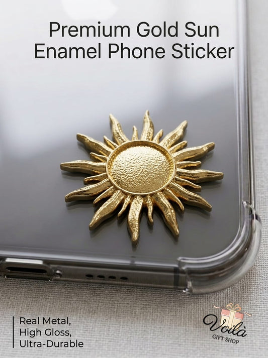 Premium Gold Sun Enamel Phone Sticker on a Clear Phone Case