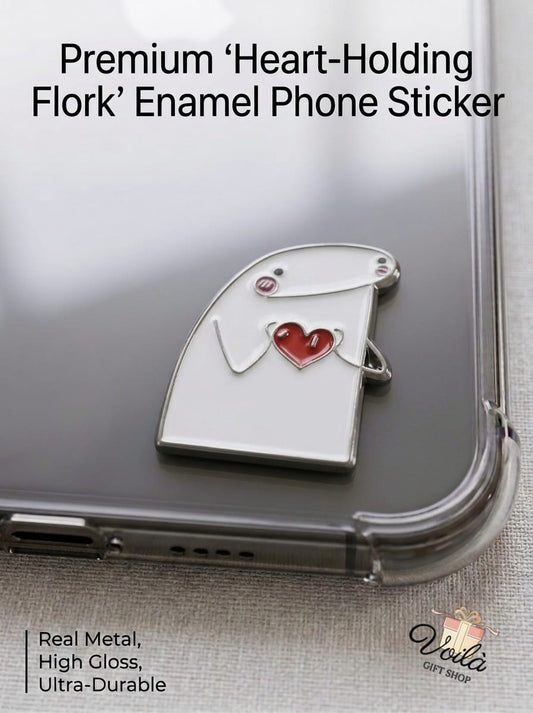 Premium metal Flork enamel phone sticker holding a red heart on a clear phone case.