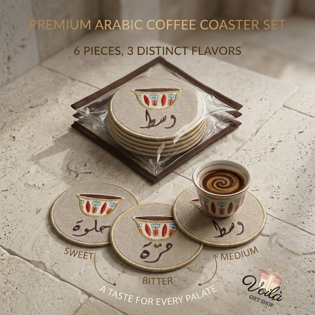 Premium embroidered Lebanese Arabic coffee coaster set showing sweet, bitter, and medium calligraphy with a traditional finjan cup.