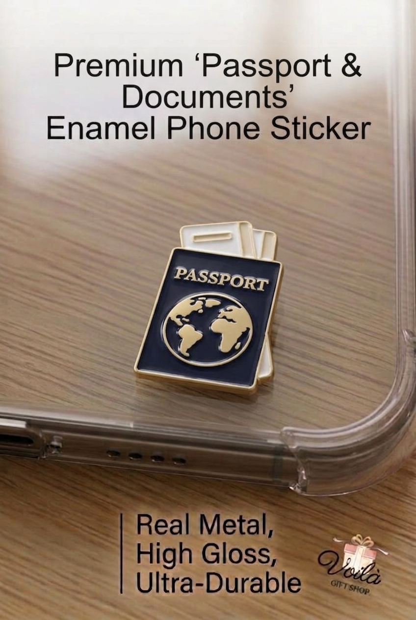 Premium Passport and Documents Enamel Phone Sticker on a Clear Case