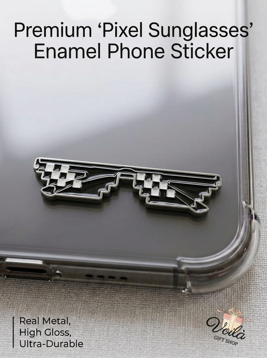 Premium pixel sunglasses metal enamel phone sticker on a clear phone case