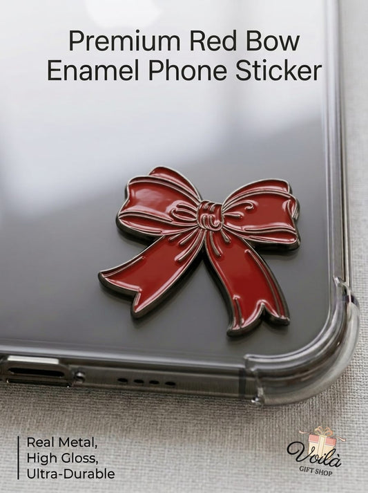 Premium Red Bow Enamel Phone Sticker on a clear phone case