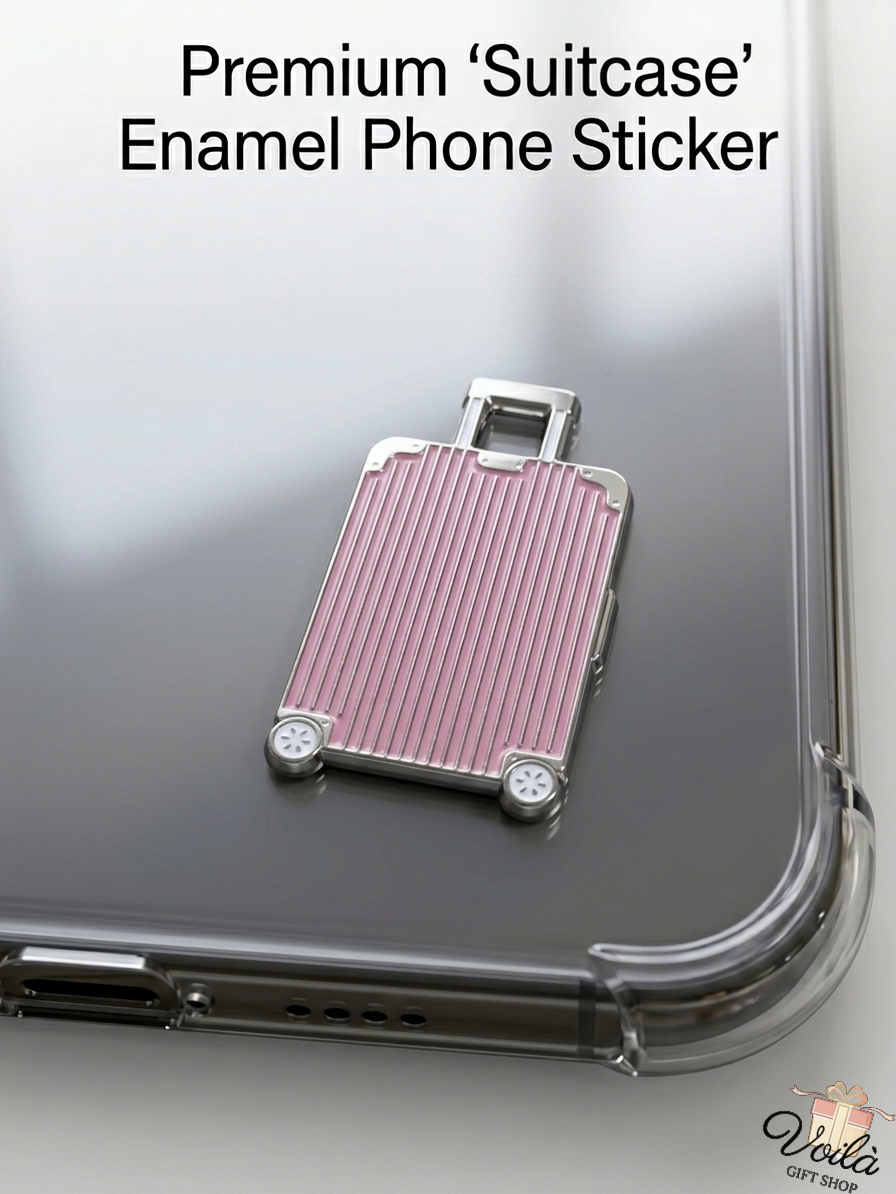 Premium pink enamel suitcase phone sticker on a clear phone case
