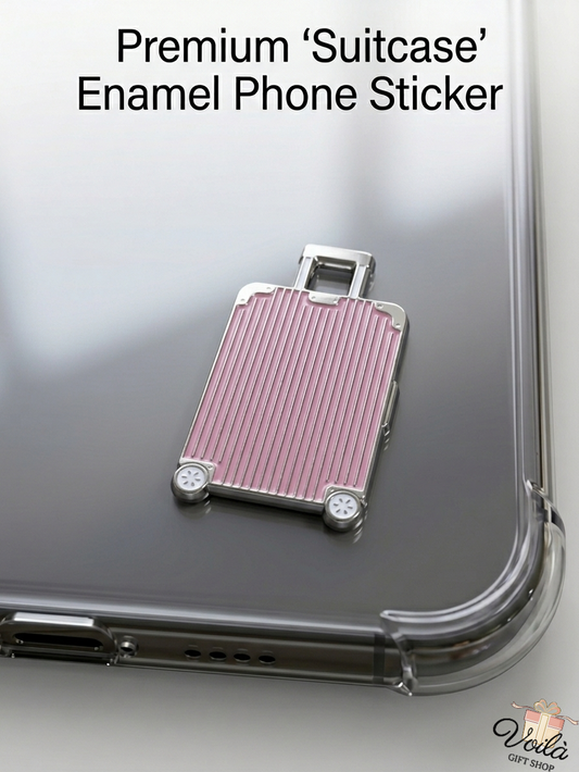 Premium pink enamel suitcase phone sticker on a clear phone case