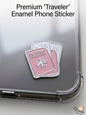 Premium pink enamel passport and boarding pass phone sticker on a clear phone case