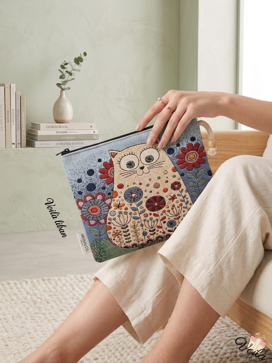 Woman sitting in a bright room holding a premium woven tapestry pouch featuring a stylized cream cat adorned with geometric botanicals, surrounded by vibrant red and blue flowers on a light blue background.