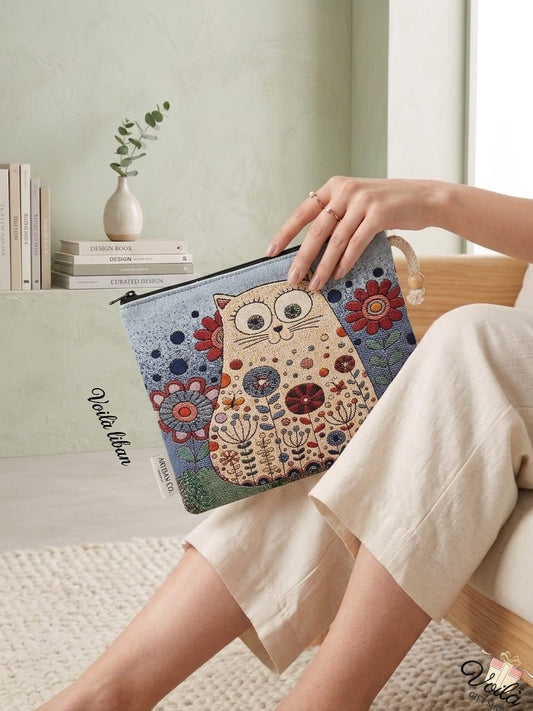 Woman sitting in a bright room holding a premium woven tapestry pouch featuring a stylized cream cat adorned with geometric botanicals, surrounded by vibrant red and blue flowers on a light blue background.