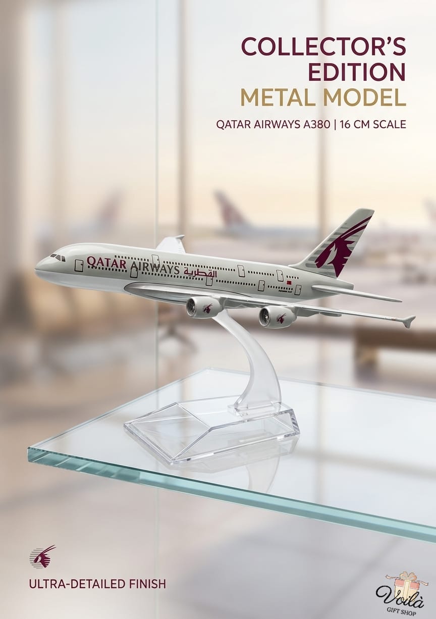 Metal model of a Qatar Airways airplane on a glass display stand with blurred background