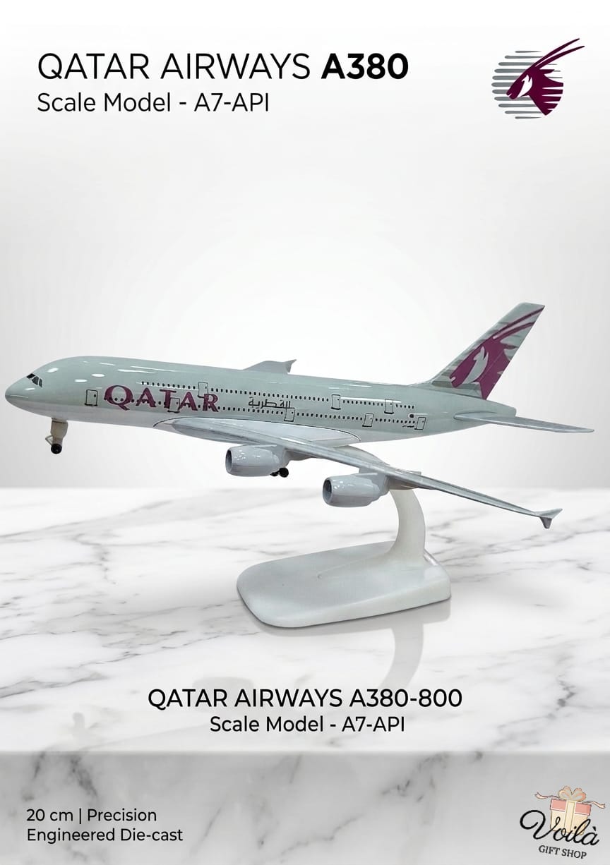 Model of a Qatar Airways A380 airplane on a white background
