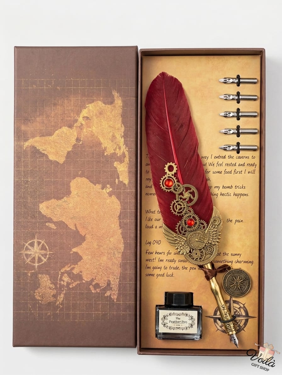 Decorative feather quill pen set with ink bottle in a decorative box featuring world map design.