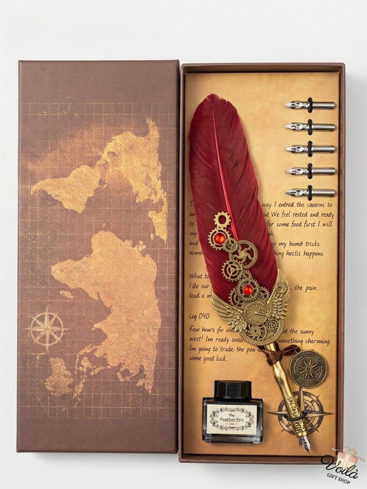 Decorative feather quill pen set with ink bottle in a decorative box featuring world map design.