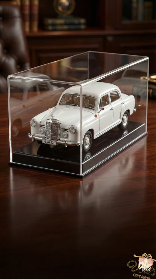 Model car in a clear display case on a wooden surface