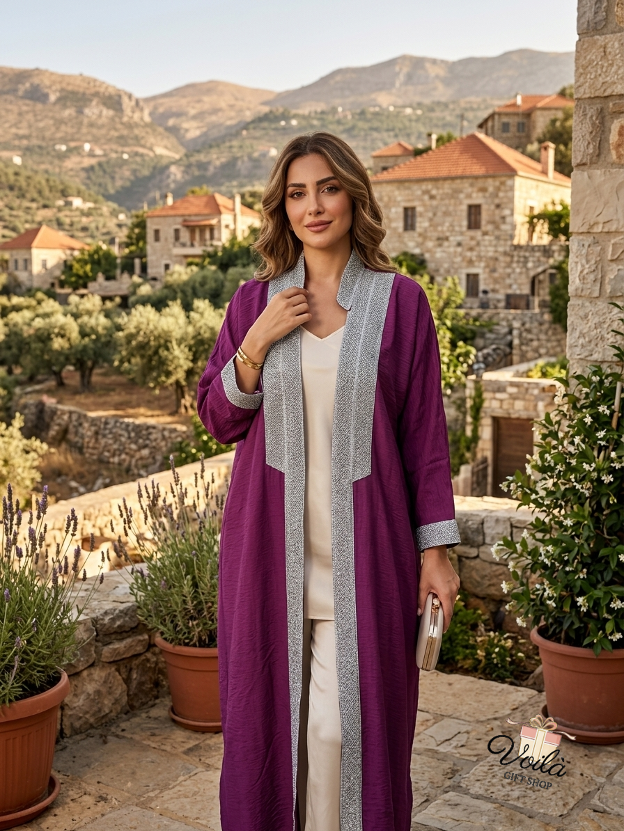Elegant purple abaya with silver embroidery worn in a traditional Lebanese village