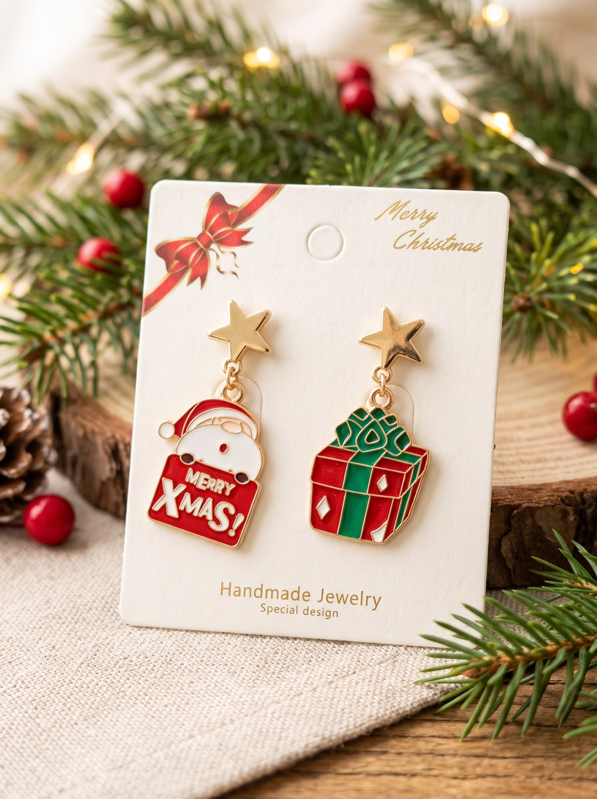 Asymmetrical Santa Claus and Present Box Christmas Earrings