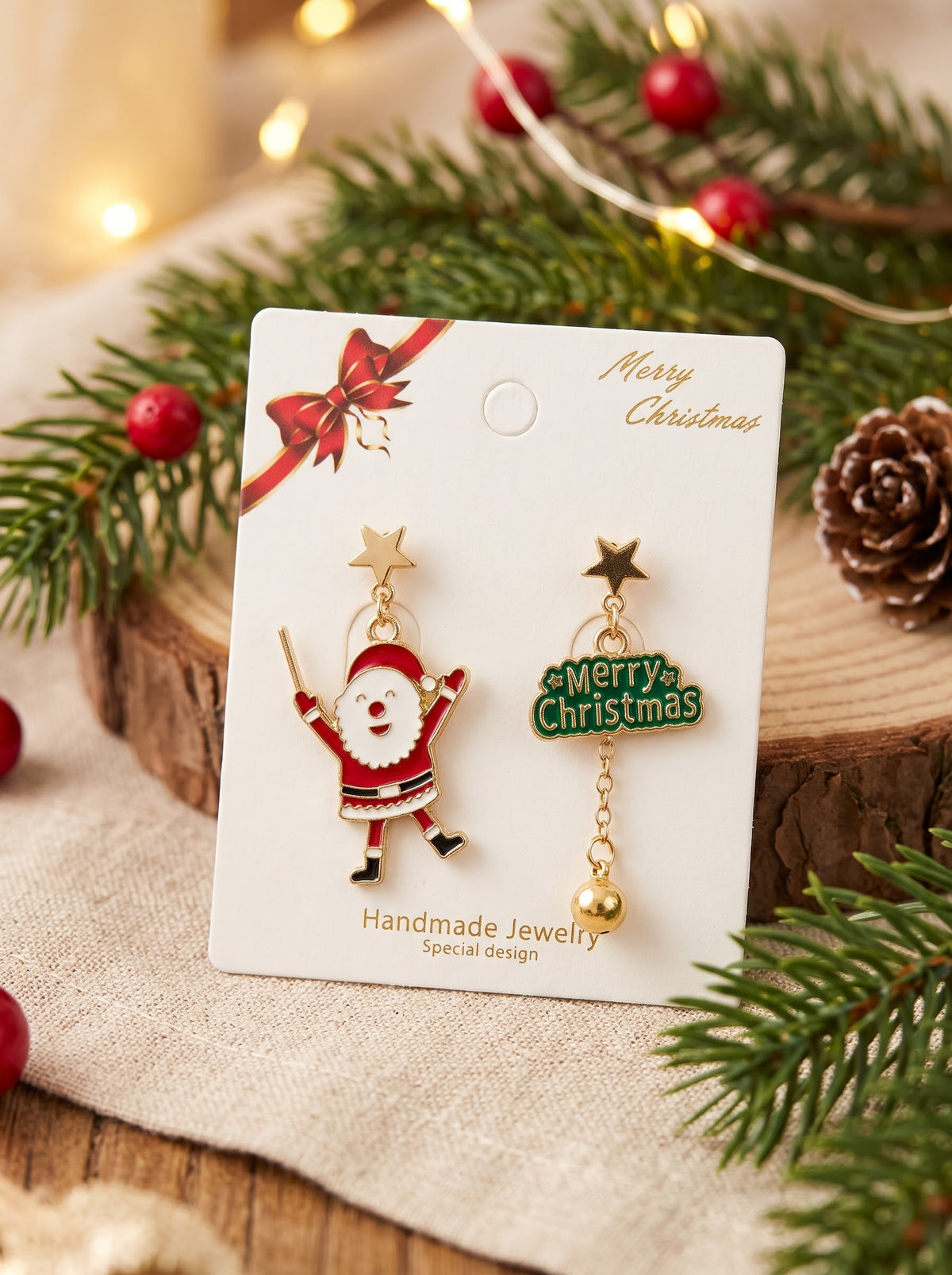 Festive Santa Claus and Merry Christmas Asymmetrical Drop Earrings
