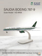 Model of Saudia Boeing 787-9 airplane on a white marble surface with Saudia branding.