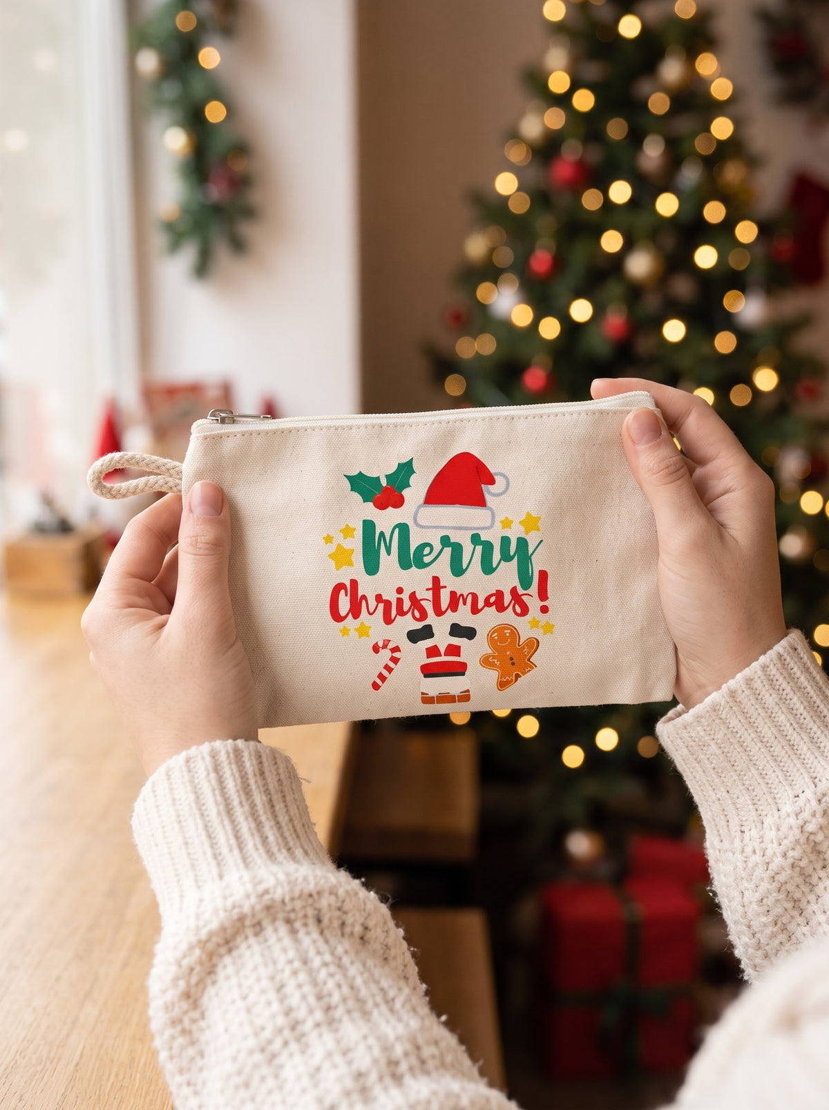 Merry Christmas canvas cosmetic pouch held in front of a holiday tree as a Secret Santa gift