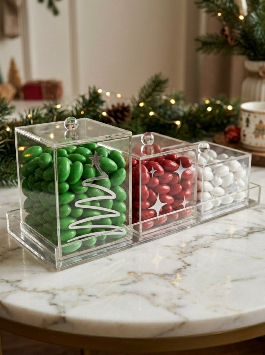 Silver acrylic 35 cm Christmas candy tray set with festive dragees