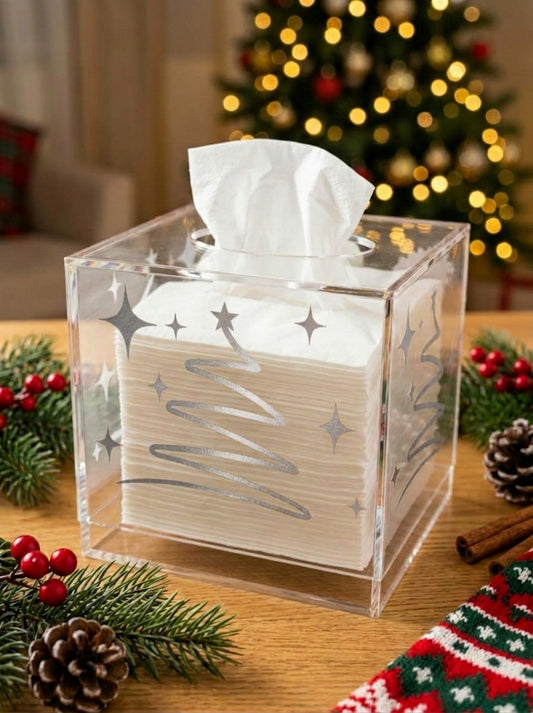 Clear acrylic tissue box cover with metallic silver Christmas tree artwork