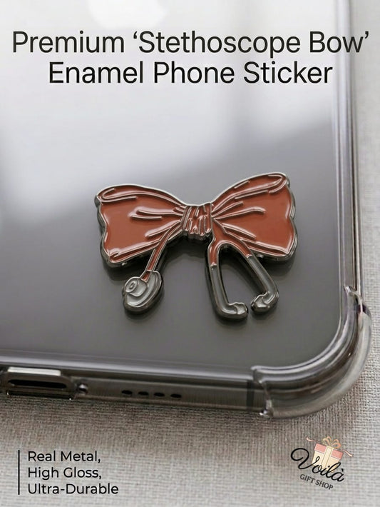 Premium Stethoscope Bow Enamel Phone Sticker on a phone case