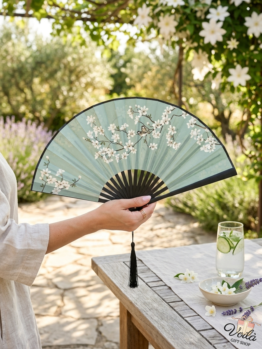 Elegant green silk folding hand fan with white blossoms and black tassel held in a sunny garden setting.