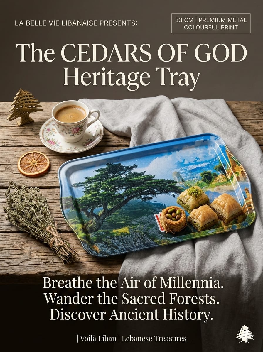 Advertisement for 'The Cedars of God Heritage Tray' with a tray featuring a tree design, cup of coffee, and snacks on a wooden surface.