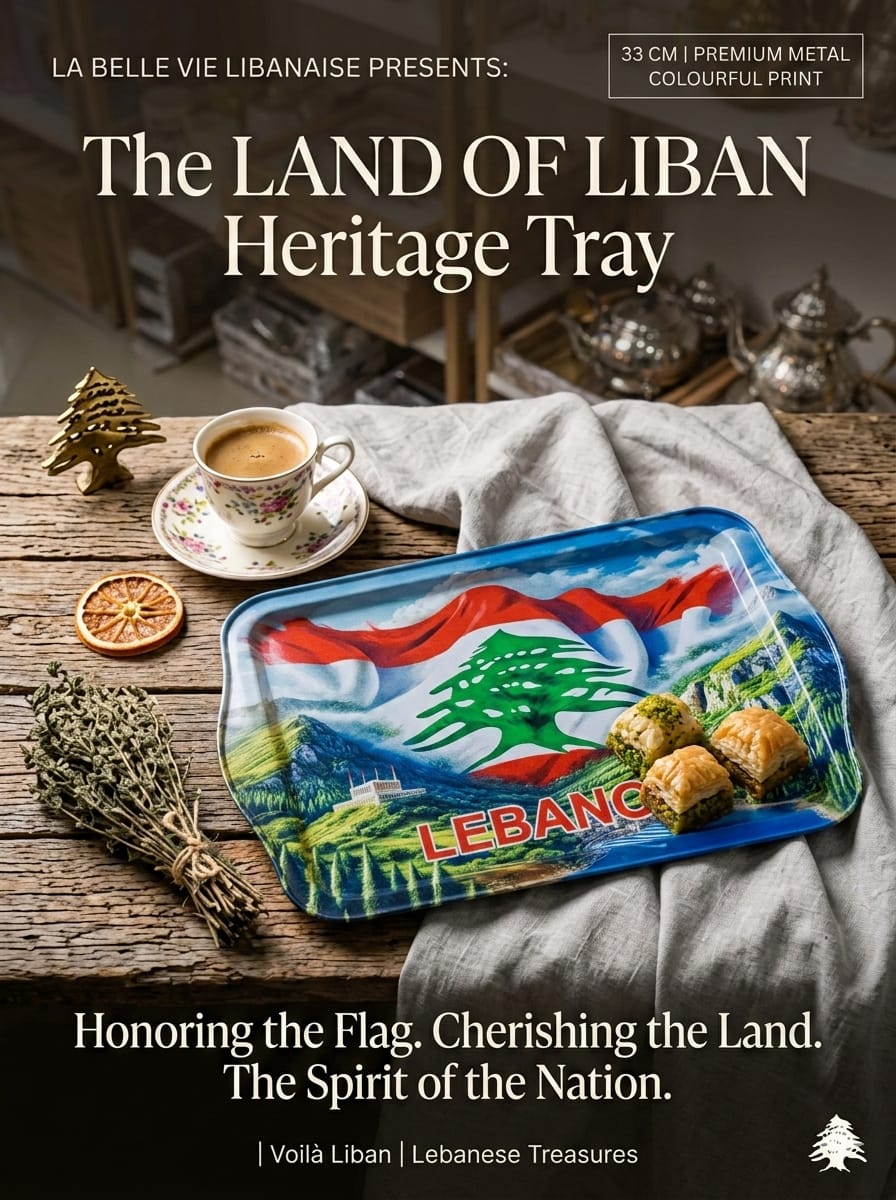 Heritage tray with Lebanese flag design on a wooden table with coffee and snacks.