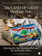 Heritage tray with Lebanese flag design on a wooden table with coffee and snacks.