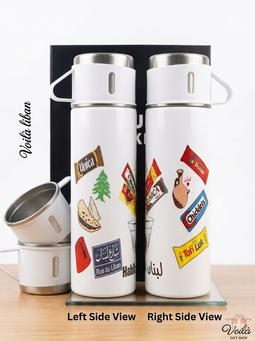 White thermos with brand logos on a wooden surface