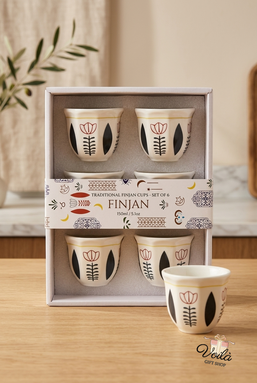 Set of six traditional Lebanese ceramic Finjan coffee cups in a gift box