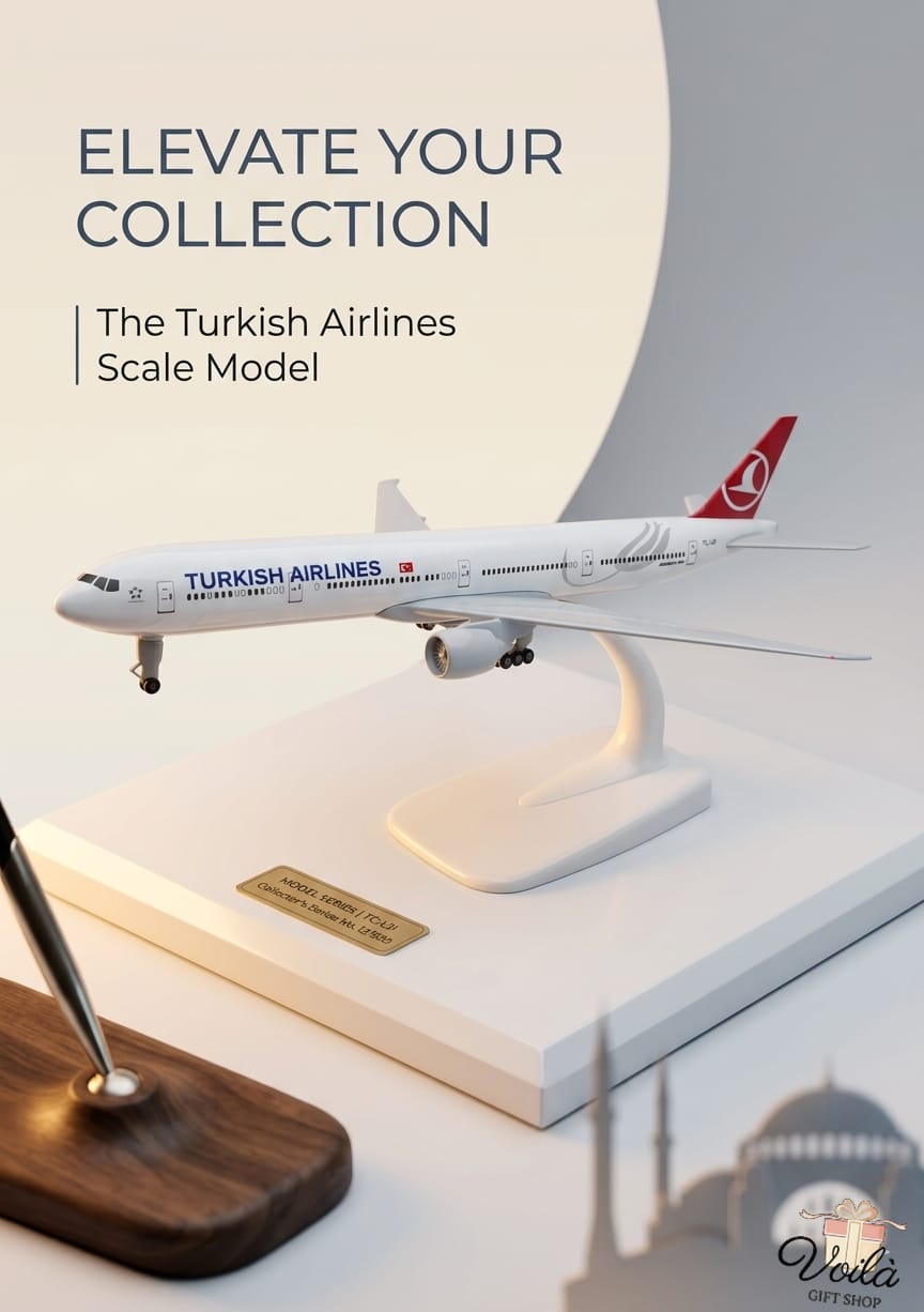 Turkish Airlines scale model airplane on a stand with promotional text.