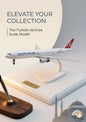 Turkish Airlines scale model airplane on a stand with promotional text.